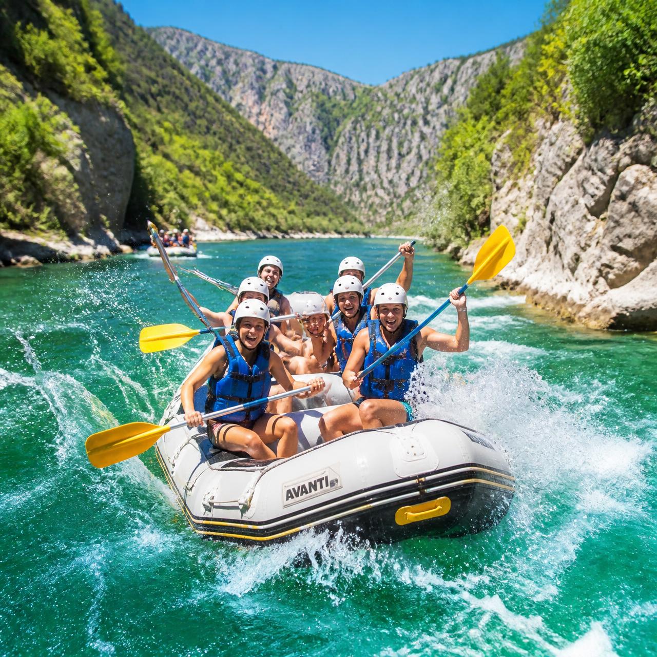 Happy group white-water rafting through the Cetina canyon