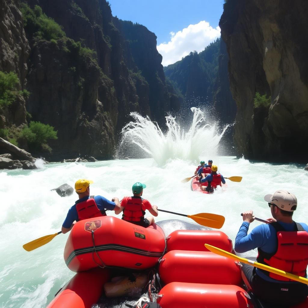 Rafting team paddling through emerald rapids