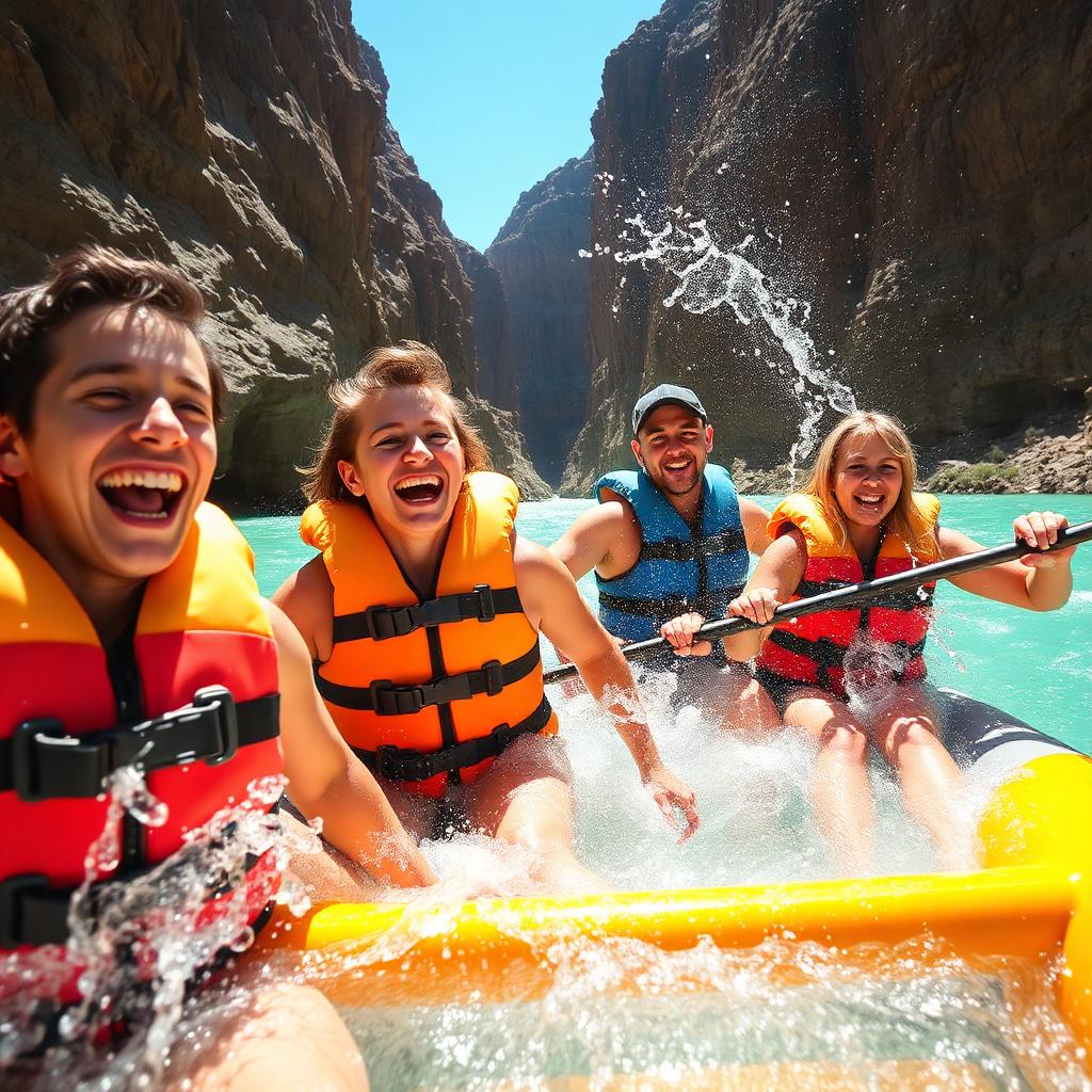 Soaked, laughing paddlers in life vests