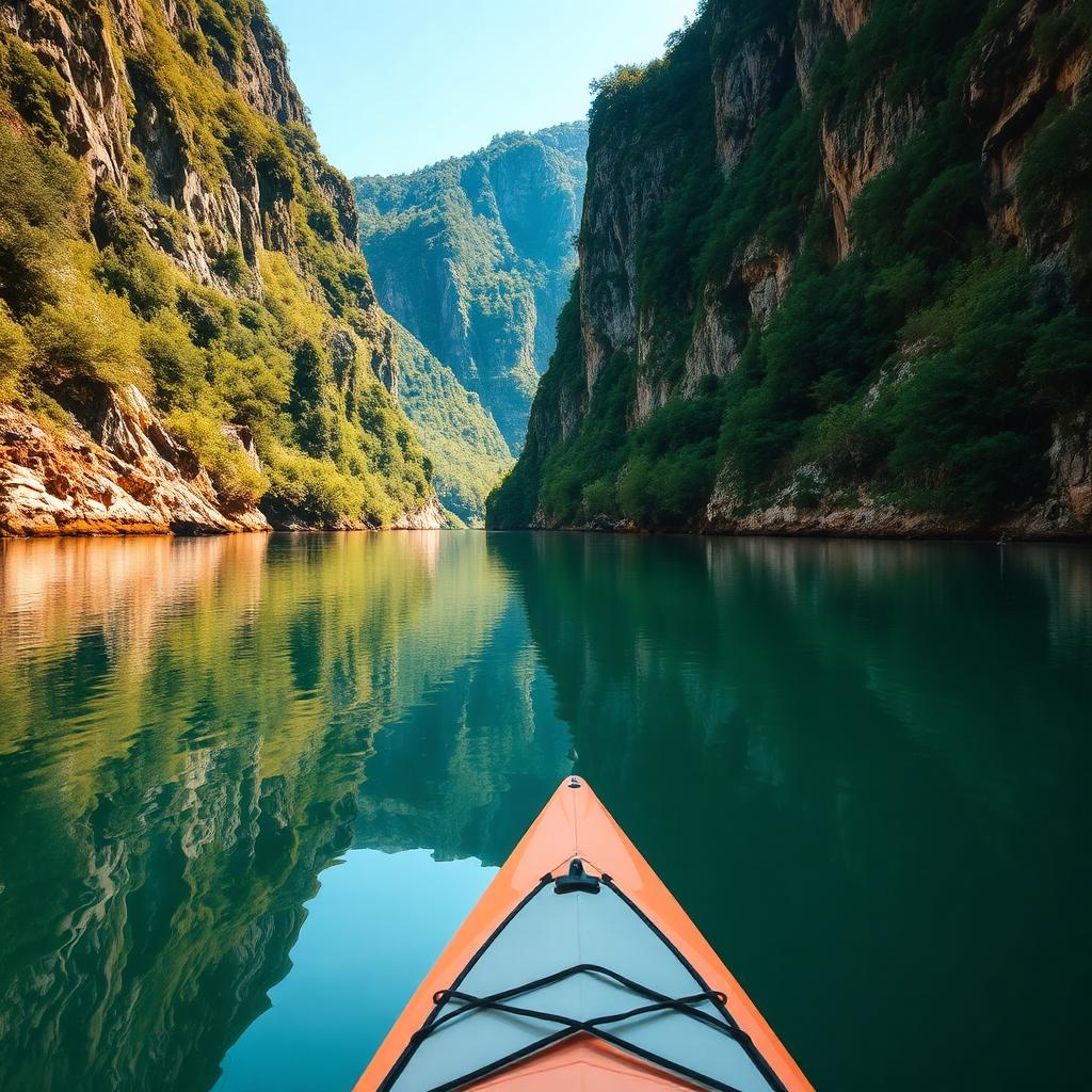 Calm emerald water reflecting canyon cliffs