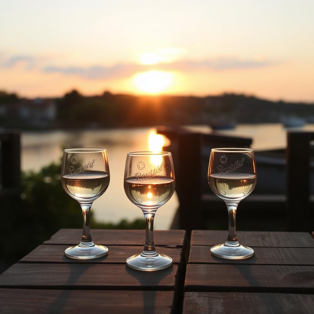 Glasses of rakija at sunset by the river