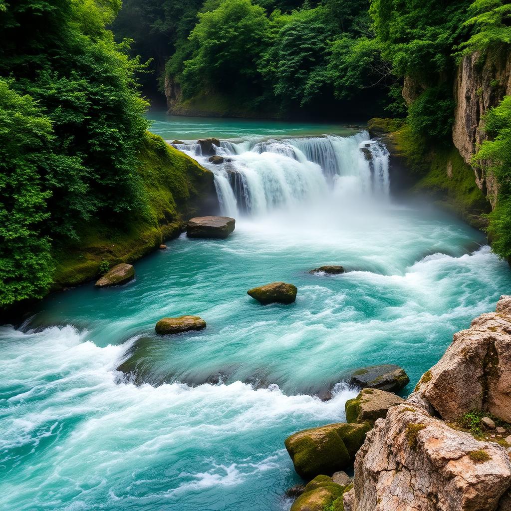 Waterfall and rapids in a green canyon