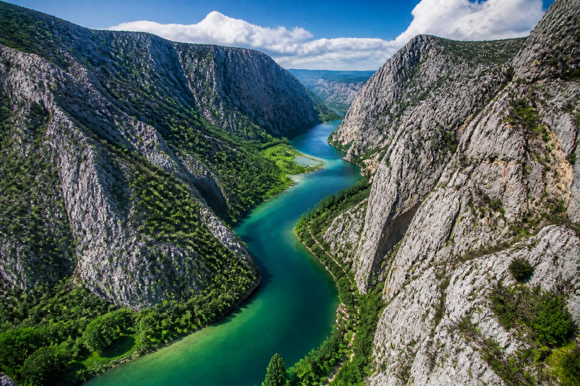 Aerial view of the emerald Cetina river canyon near Omiš, Croatia